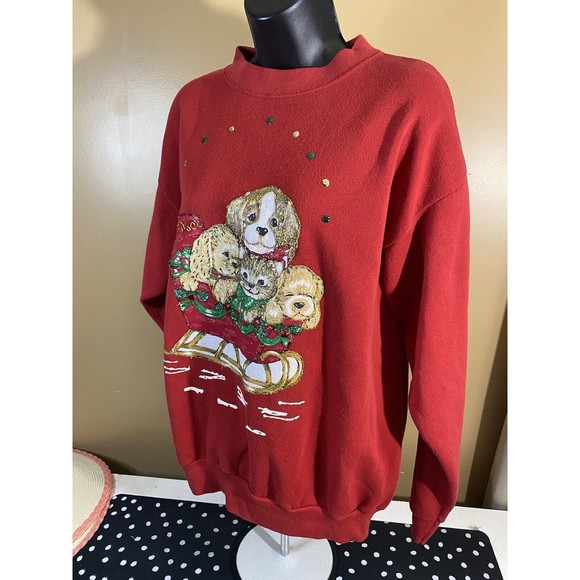 Vintage Embroidered/ Puppies In Sleigh Santa With Gifts 2side Sweatshirt Size XL - Picture 6 of 16